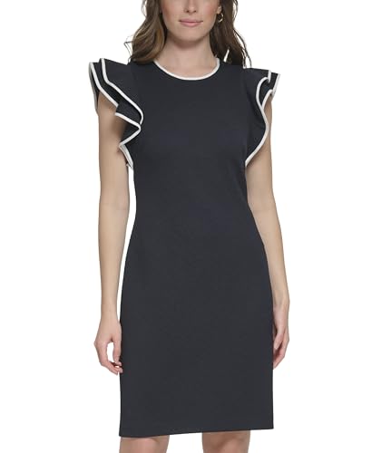 Image of Tommy Hilfiger Women's Sleeveless Ruffle Hem Jewel Neck Crepe Sheath Mini Dress