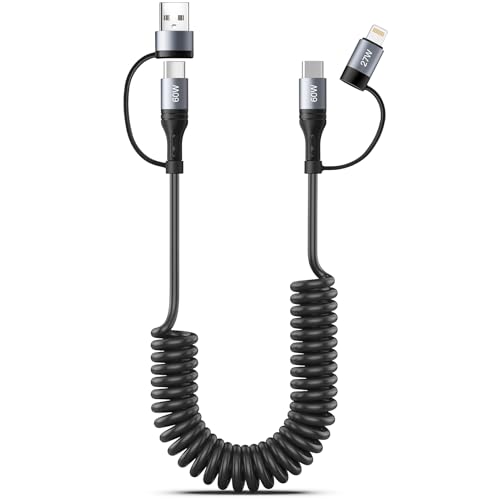 Coiled Lightning Cable 4 in 1 4FT Multi Charging Cable 60W Fast Charging Retractable Car Charger Cord for iPhone 17/16/15/14/13/12/11 Pro Max/XS MAX/XR/XS/X/8/7/6 Plus/iPad/AirPods/MacBook/CarPlay