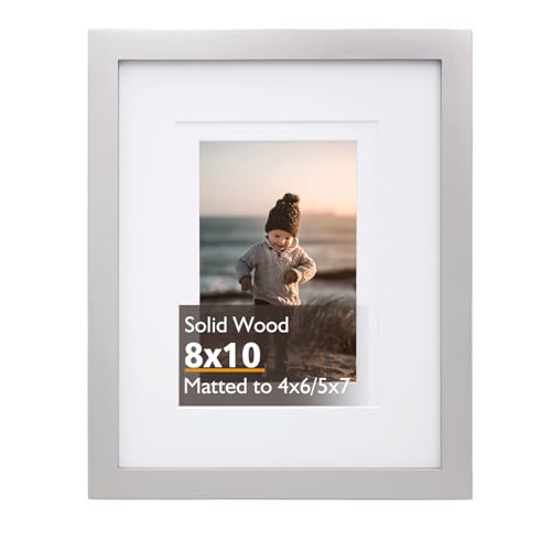 KINLINK 8x10 Picture Frame Light Grey, Solid Wood Frame with Acrylic Plexiglass for Pictures 4x6/5x7 with Mat or 8x10 without Mat,Tabletop and Wall Mounting Display Photo Frame 1 Pack