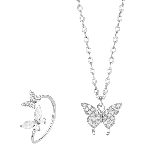 Image of Zarkan 925 Sterling Silver Butterfly Pendant with chain ring Jewellery Set | Rhodium Plated,American diamond | Gift for Women & Girls
