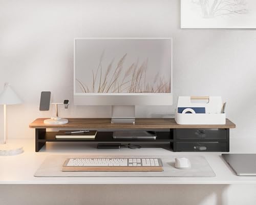 Image of Fenge Monitor Stand, Dual Monitor Riser, 42.5inch Large Desk Computer Monitor Stand Riser with Drawer, 2 Tier Wood & Acrylic Desktop Organizer for Computer, Laptop, Printer, TV Screen Riser
