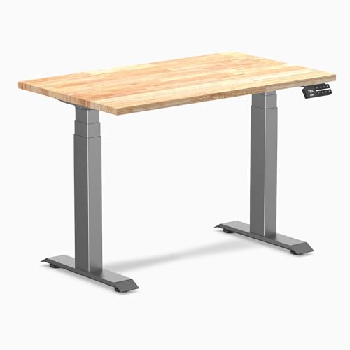 Image of Desky Small Electric Standing Desk, 40 x 24 inches Rubberwood Height Adjustable Sit Stand Desk with Dual Motor and Memory Presets, Compact Home Office Workstation - Natural Wood Top