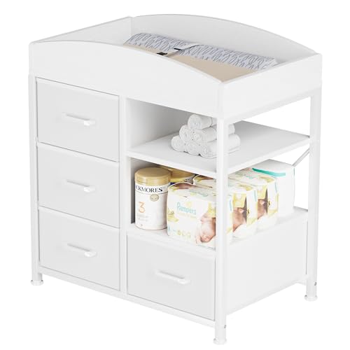 Homeiju Baby Changing Table with 4 Drawers and 2 Shelves - Baby Dresser with Changing Table Top Diaper Changing Station with Storage for Nursery Modern, White