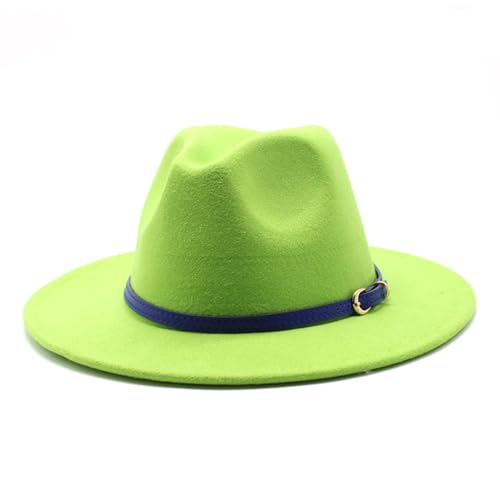 Classic Western Style Wool Felt Fedora Hat, White with Navy Band, Unisex Fashion Accessory (Fluorescent Green,One Size)