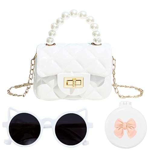 Crossbody Bag Set for Girl,Mini Pearl Toddler Purse for Girls Birthday Gift,Little Girl Purse with Sunglasses Compact Hair Brush with Mirror,Birthday Bags for Kids (white)