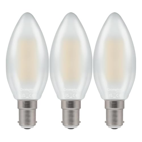 Crompton Lamps Filament Candle LED Light Bulb SBC-B15d | 4.2W = 40W Equivalent | Warm White 2700K | Energy Efficient | Small Bayonet Lightbulb | Long Life 10,000-Hrs | Pearl Glass | Dimmable | 3-Pack