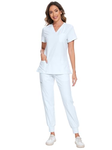 COZYFIT Scrubs for Women Set - Stretch V-Neck Scrub Top & Jogger Pant with 8 Pockets Yoga Waistband Anti Wrinkle Slim Fit Women Scrubs - Saltwater Slide M