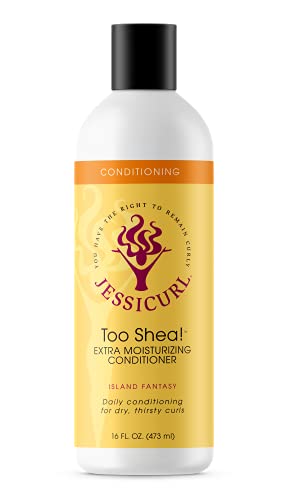 Jessicurl ¡Demasiado karité! Acondicionador extra hidratante, Island Fantasy, 16 onzas líquidas. Acondicionador sin enjuague para cabello seco, productos para el cabello antiencrespamiento