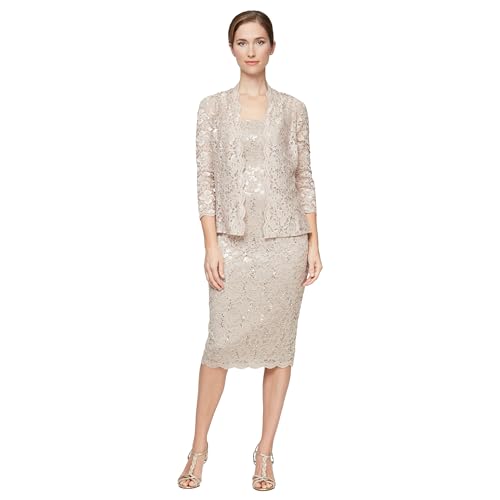 S.L. Fashions Women's Tea Length Sequin Lace Special Occasion Dress with Illusion Sleeve Jacket (Petite and Regular Sizes)