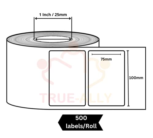 True-Ally 100x75 Direct Thermal (DT) Barcode Label Sticker - 4 x 3 inches - 100mm x 75mm - 500 Labels Per Roll - White Self Adhesive Sticker for Printing Barcoding (1 Roll Per Pack(500Labels))
