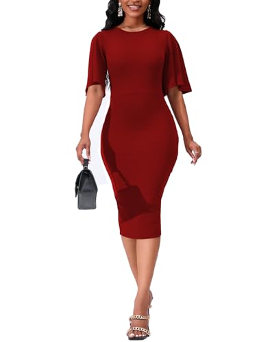 Image of WanMem Womens Basic Bodycon Ruffle Flared Short Sleeve Pencil Midi Dress