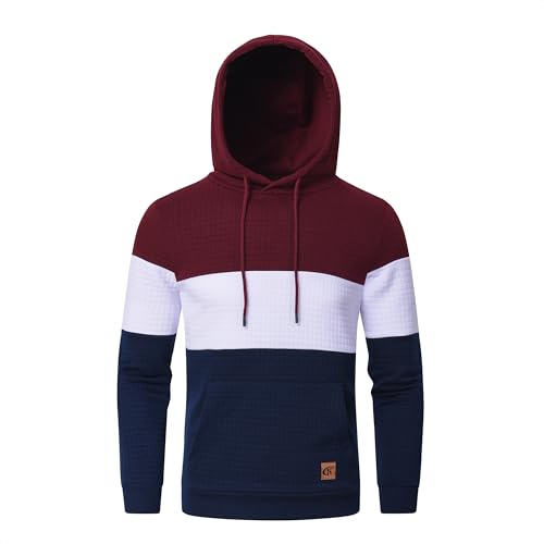Huayuzh Hoodie Herren Patchwork Pullover Farbblock Kapuzenpullover Casual Langarm Karierten Jacquard Sweatshirt mit Kapuze Weinrot-Weiß-Navyblue L