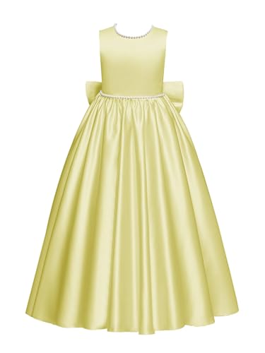 Satin Flower Girl Dress for Wedding Pearls Crewneck Long A-Line Princess Kids First Communion Pageant Party Bow Ball Gowns