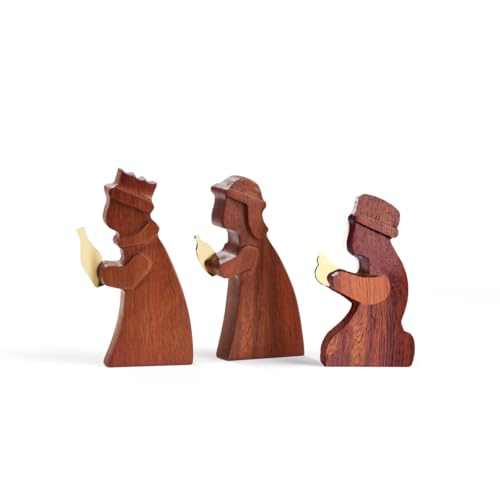 Nambe Holiday Nativity Three Wise Men Set - Designed by Alvaro Uribe, Gold-Plated Accents and Gift-Bearing Figures - Religious Christmas Décor, Acacia Wood Display - Includes 3 Kings in Assorted Sizes