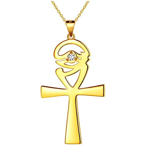 Gold Plated Eye of Horus Ankh Cross Pendant Necklace Women Girls 925 Sterling Silver Ankh Cross with Eye of Horus Necklace Egyptian Amulet Protection Symbol Jewelry Gift Birthday Anniversary FR0018Y Cover