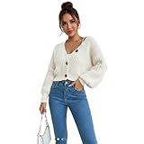 LUXFAB Womens Balloon Sleeve Chunky Knitted 3 Button Crop Cardigan V Neck Stretchy Fisher Knit Sweater Winter Warm Fancy Party Wear Top UK 8-14 Size (UK, Alpha, One Size, Regular, Regular, Cream)