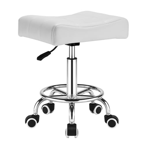 Mineloff Square Salon Rolling Stool - 300lbs Weight Capacity，Adjustable Swivel Stool with Wheel，Pu Leahter Comfortable Cutting Stools for Salon Tattoo Stylist Massage Perfect for Work SPA (White)