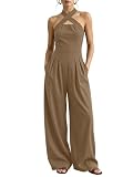 Genérico Mono de lino para mujer con escote cruzado, espalda descubierta y cuello halter, con bolsillos. Perfecto para unas vacaciones de verano en la playa. (Khaki,S)