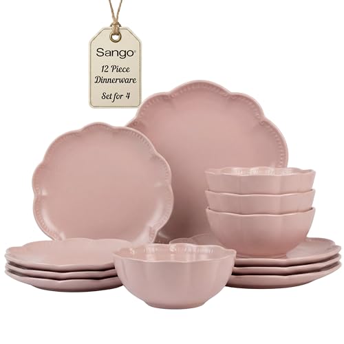 Image of Sango 12 Pieces Scalloped Dinnerware Set, Modern Pink Dishes for 4, Premium Serving Plates & Bowls Sets, Chip Resistant, Blush Ceramic Dishware, Kitchen Dish, Microwave & Dishwasher Safe, Bethany