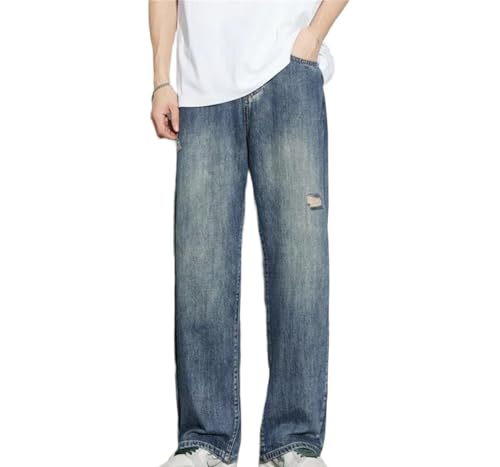 Men Distressed Straight Jeans Vintage Casual High Street Trousers Wide Leg Washed Denim Pants
