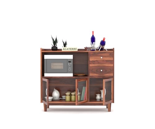 Image of Wood Kitchen Crockery Cabinet with Glass Door | Wooden Sideboard Cabinets Living Room | Crockery Unit, Dining Room Furniture, Chest of Drawers, Honey Finish
