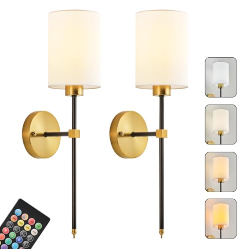 Image of Battery Operated Wall Sconce Set of Two, Wireless Rechargeable Wall Light With Remote Control, Dimmable, 4 Color Temperatures, RGB, Timer, for Living Room,Bedroom,Entryway, Black Gold, 26.8 Inch