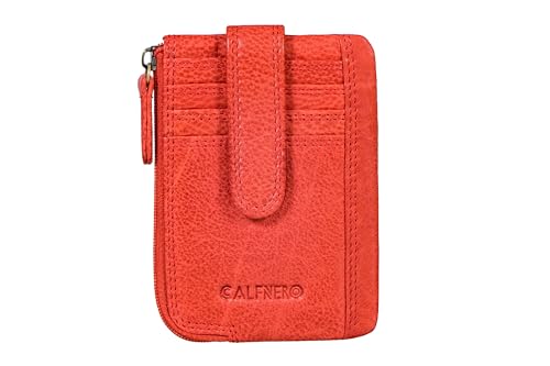 Image of Calfnero Genuine Leather Card Holder & Key Case for Men & Women | Slim Wallet with Zipper Pocket, Card Slots & Key Chain | Compact Travel Organizer (Light Red)