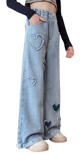 Girls Lovely Heart Pattern Printed Elastic Waist Pants Casual Denim EIDE-Leg Loose Jean Pants with Pockets3
