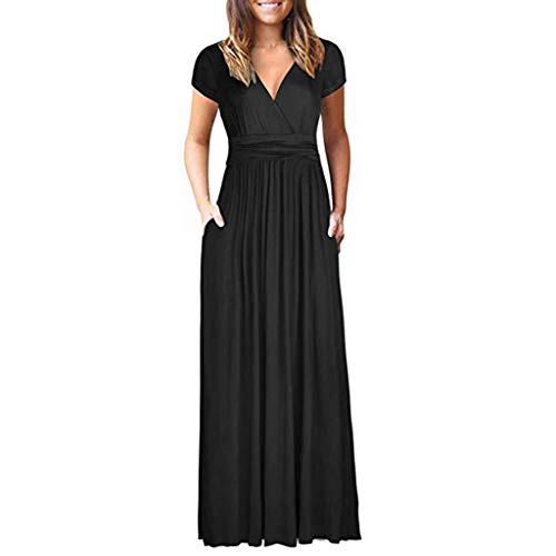 Women Long Dress with Pockets - Short Sleeve Solid Color V Neck Casual