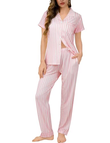 Image of SWOMOG Women Pyjama Sets Two-Piece Nightwear Short Sleeve Sleepwear Button Down Pj Lounge Sets with Long Pants Pink Striped XX-Large