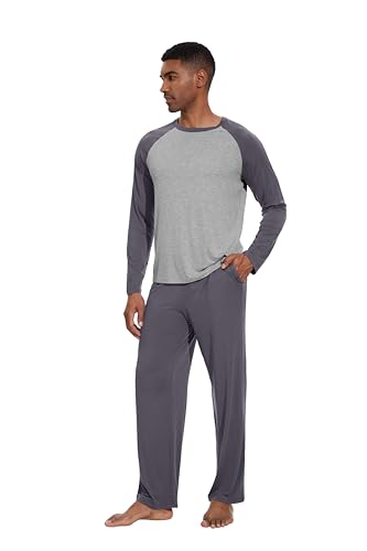 WiWi Mens Pajamas Set Viscose from Bamboo Long Sleeve Sleepwear Knit Nightwear 2 Pieces Loungewear Sets with Pants S-XXL