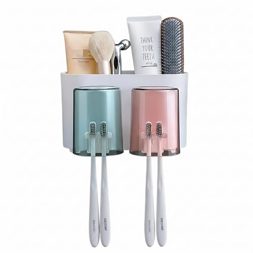 Image of Wall Mounted Toothbrush Holder for Bathroom with 2 Mouthwash Cups, Tooth Brush Organizer Stand, Dustproof Bathroom Storage Rack, Multi-Compartment Toothpaste Holder, BPA-Free