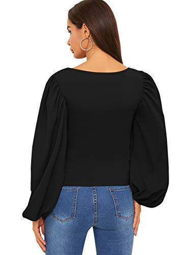 ROMWE Women's Long Puff Sleeve Square Neck Slim Fit Crop Tops Blouse Sweatshirt Black Medium - Image 3