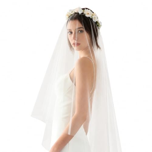 Velo de novia de doble capa en tul transparente superior y corona floral