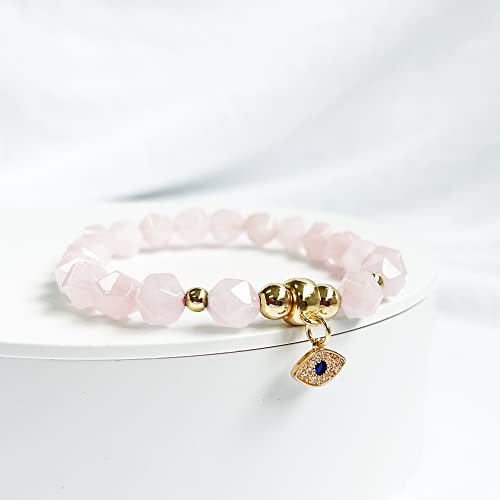 Shrandi Pink Rose Quartz Bracelet Natural Stone, Healing Crystal Bracelet For Women, Faceted Gemstone Beaded Bracelets With Charms, Spiritual Jewelry For Stress And Anxiety Relief #TOP3