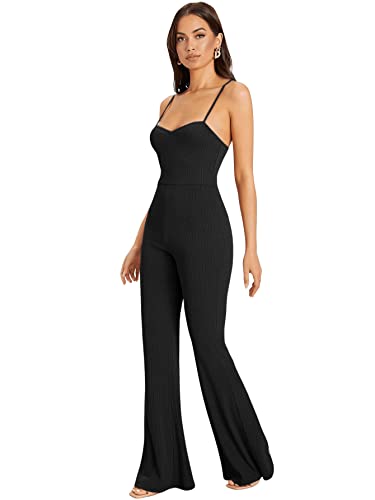 Soly Hux Women's Summer Cami One Piece Jumpsuits Sleeveless Spaghetti Strap Wide Leg Pants Bell Bottoms Trousers Rompers Solid Black M #TOP10