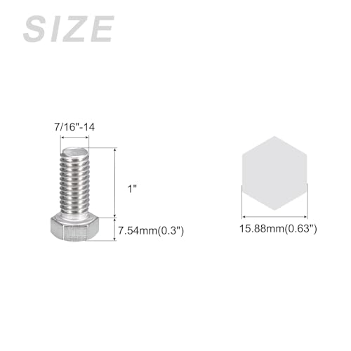 Image of METALLIXITY Hex Head Bolts (7 /16-14 x 1 inch) 10Pcs, 304 Stainless Steel 18-8, Fully Threaded, External Hex Drive, Plain Finish, Hex Head Screw Bolt, Silver