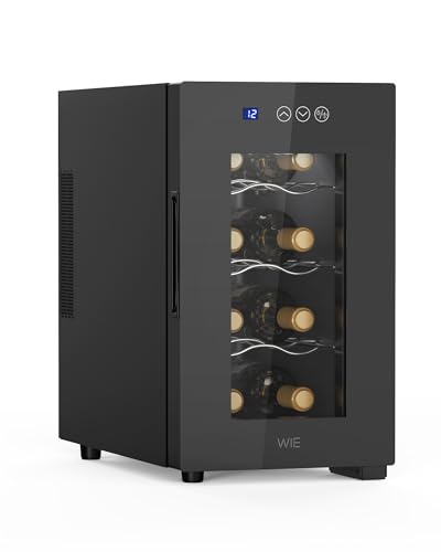 WIE Vinoteca 8 Botellas, Refrigeración Termoeléctrica, Nevera Vinos con Control de Pantalla Táctil, Puerta de Cristal Espejado, Estantes Ajustables, Luz LED, Bajo Nivel de Ruido, 5-18℃, 23L