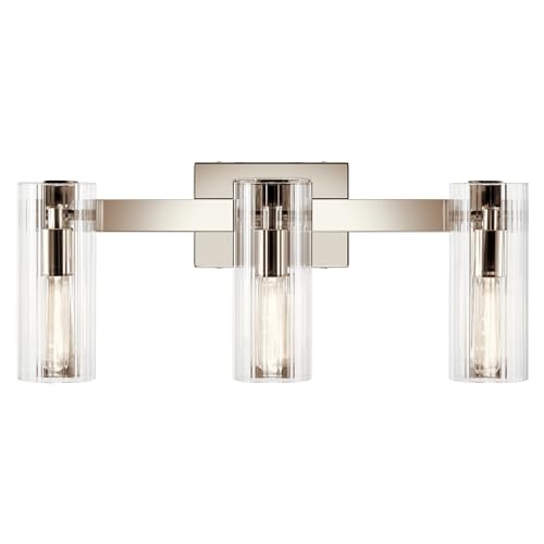 Image of Kichler Jemsa 3-Light Bathroom Vanity Light Fixture, Modern Wall Mount Light with Clear Fluted Glass in Polished Nickel for Powder Room or Bathroom (9.75 inch x 22.75 inch), 55168PN