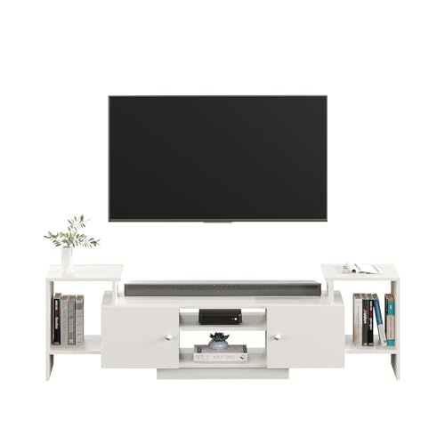 Image of FURNEASER Eptimal Modern Wooden TV Unit for Living Room | Engineered Wood Entertainment Center with Storage | TV Stand for 65 Inch TVs | TV Cabinet with Shelves & Doors (White)