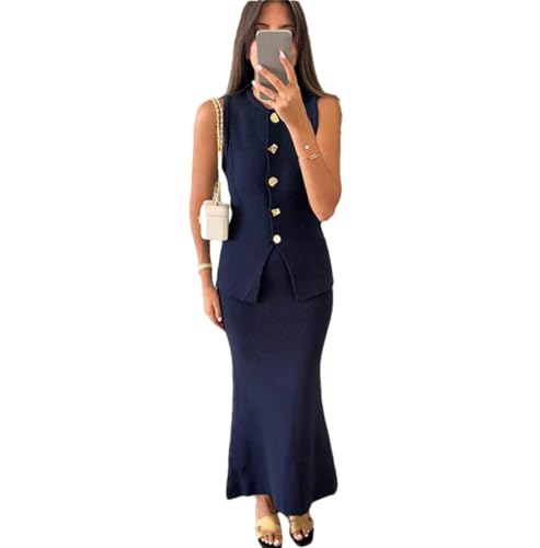 Ensemble gilet en tricot de printemps pour femme chic robe midi moulante col rond