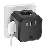 Steckdose mit Schalter, Steckdosenadapter 7 in 1 Doppelstecker für Steckdose mit 3 USB für Büro, Zuhause - Schwarz