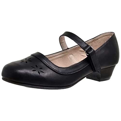 SOBEYO Girls' Dress Shoes Mary Jane Low Heel Flowers Cut Out Accents Leather Lining Insole Comfortable Memory Foam Cushion Wedding Party Princess Pump School Shoe