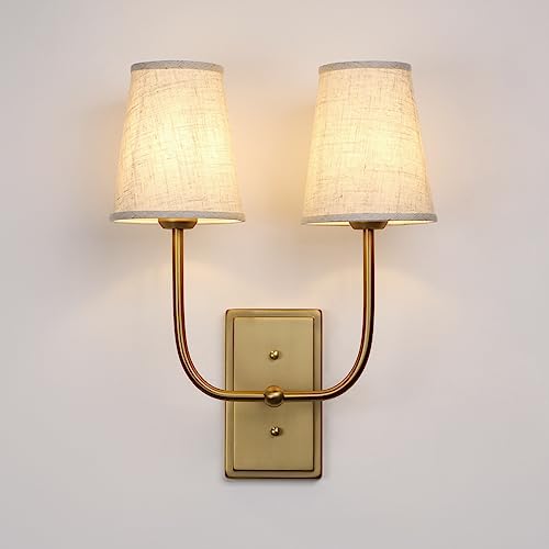 JIMUBEAM Vintage 2-Lights Wall Lights Sconces with Funnel Linen Fabric Shades, Double Head Bathroom Vanity Lights Fixture, Indoor Wall Lamps for Bedroom Living Room Hallway Stairway