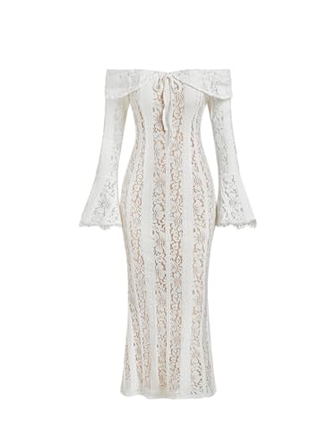 CIDER Wedding Guest Dress Lace Floral Long Sleeve Off Shoulder High Waist Knotted Maxi Formal Dress