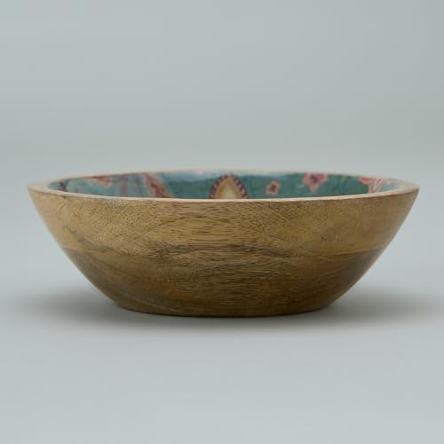 Image of SAAGA Printed Mango Wood Mixing Bowl - 8 x 2.5 Inch Large Wooden Serving Bowl | Stylish Salad, Fruit & Snack Bowl - Reverie Printed Bowl