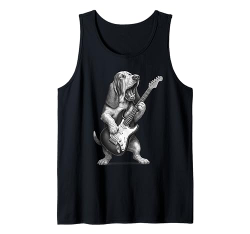 Basset Hound Tocando Guitarra Rock Música Amante de Camiseta sin Mangas
