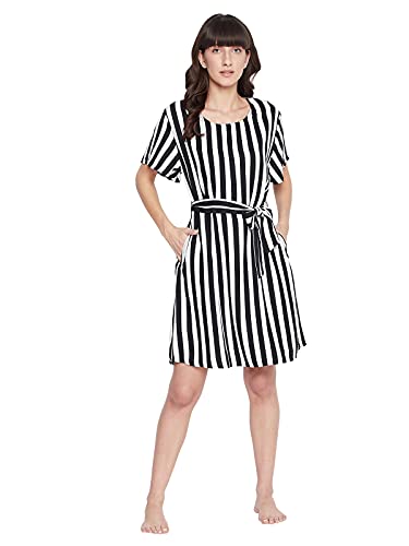 Image of Clovia Women's Crepe Sassy Stripes Short Nightdress in White