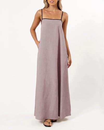 Image of Senllen Women's Linen Dress Summer Loose Flowy Sundress Contrast Spaghetti Strap Sleeveless Backless Beach Maxi Long Dresses