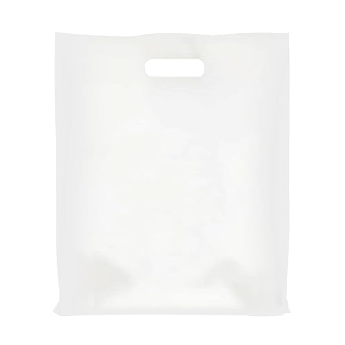 Miniatura 2 de Purple Q Crafts Bolsa de plástico con asa troquelada de 15 x 18 pulgadas, bolsas de plástico blanco para mercancía, paquete de 100 unidades para